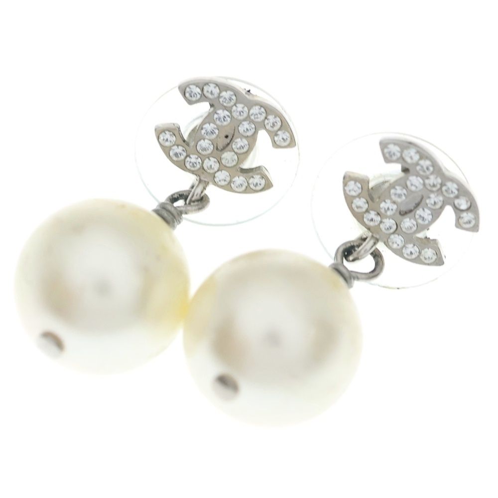 Chanel CC Logo Rhinestone Pearl White Earrings Silver