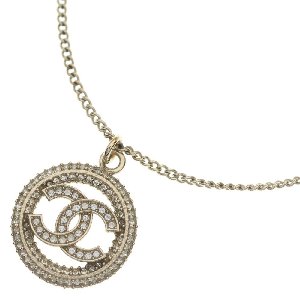Chanel CC Logo Circle Rhinestone Necklace Pendant Chain Gold
