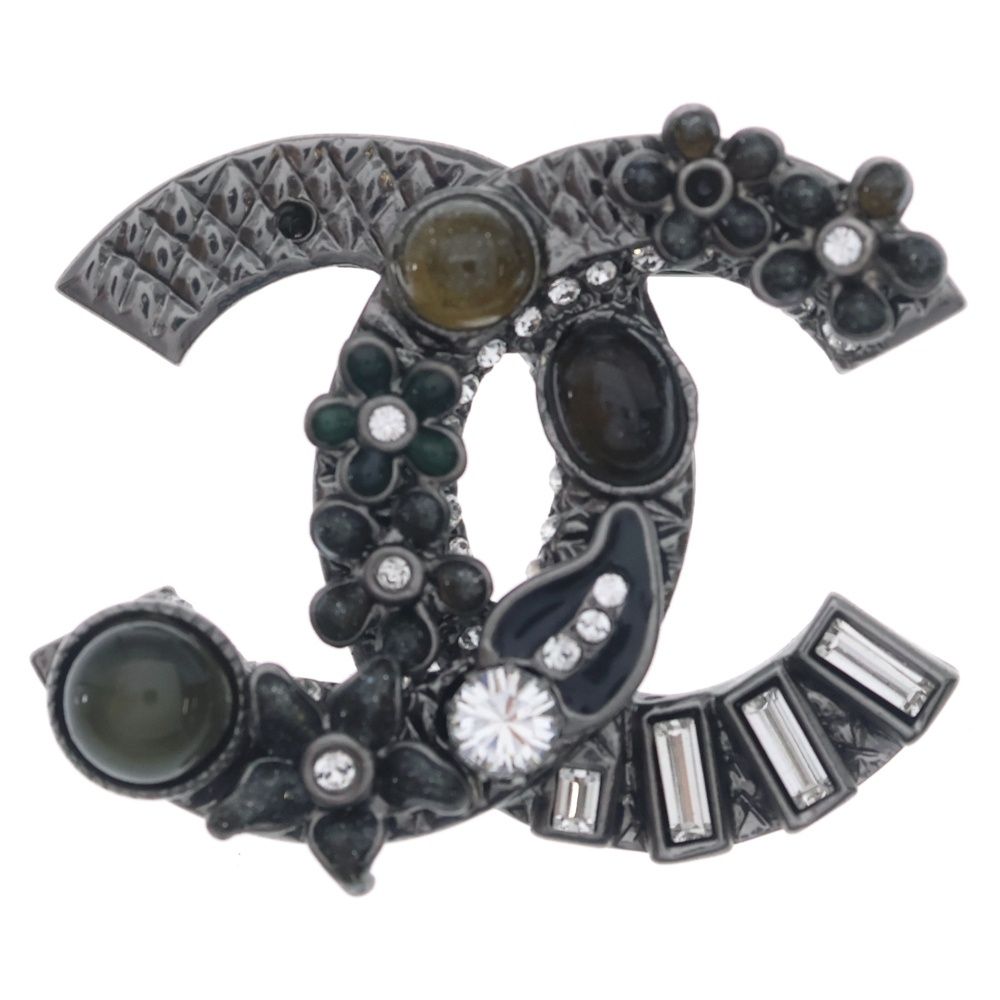 Chanel CC Logo Flower Brooch Pin Badge Metal Resin Rhinestone Gunmetal