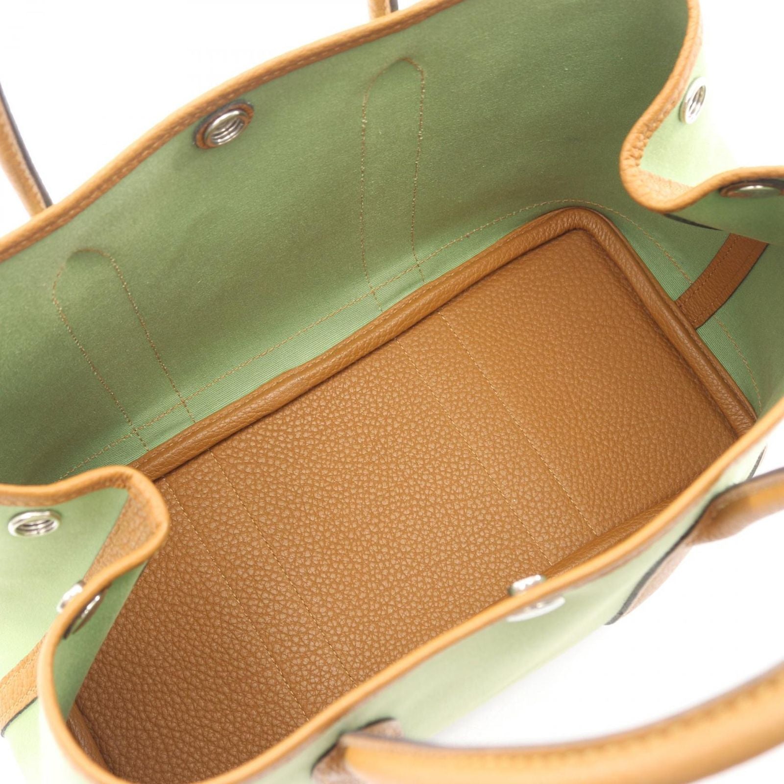 Hermes Tote Garden Party TPM Vert Cricket Ocher Leather Canvas — view 3