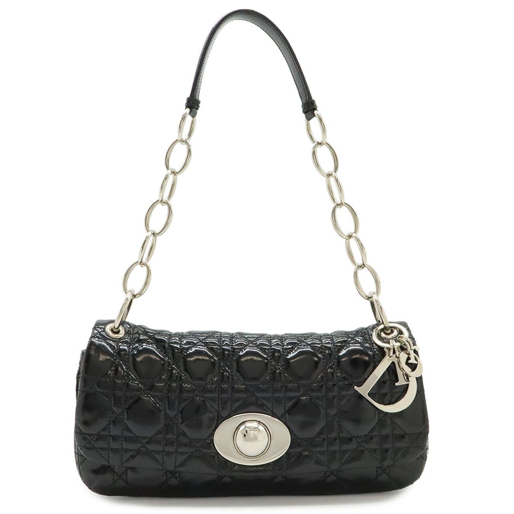 Dior Cannage Chain Shoulder Bag Patent Leather Black Silver