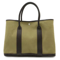 Hermes Garden Party PM Tote Canvas Leather Khaki Dark Brown Silver