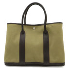 Hermes Garden Party PM Tote Canvas Leather Khaki Dark Brown Silver