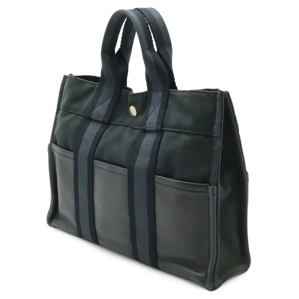 Hermes Fourre Tout PM Tote Half Leather Canvas Navy Black Silver — view 2