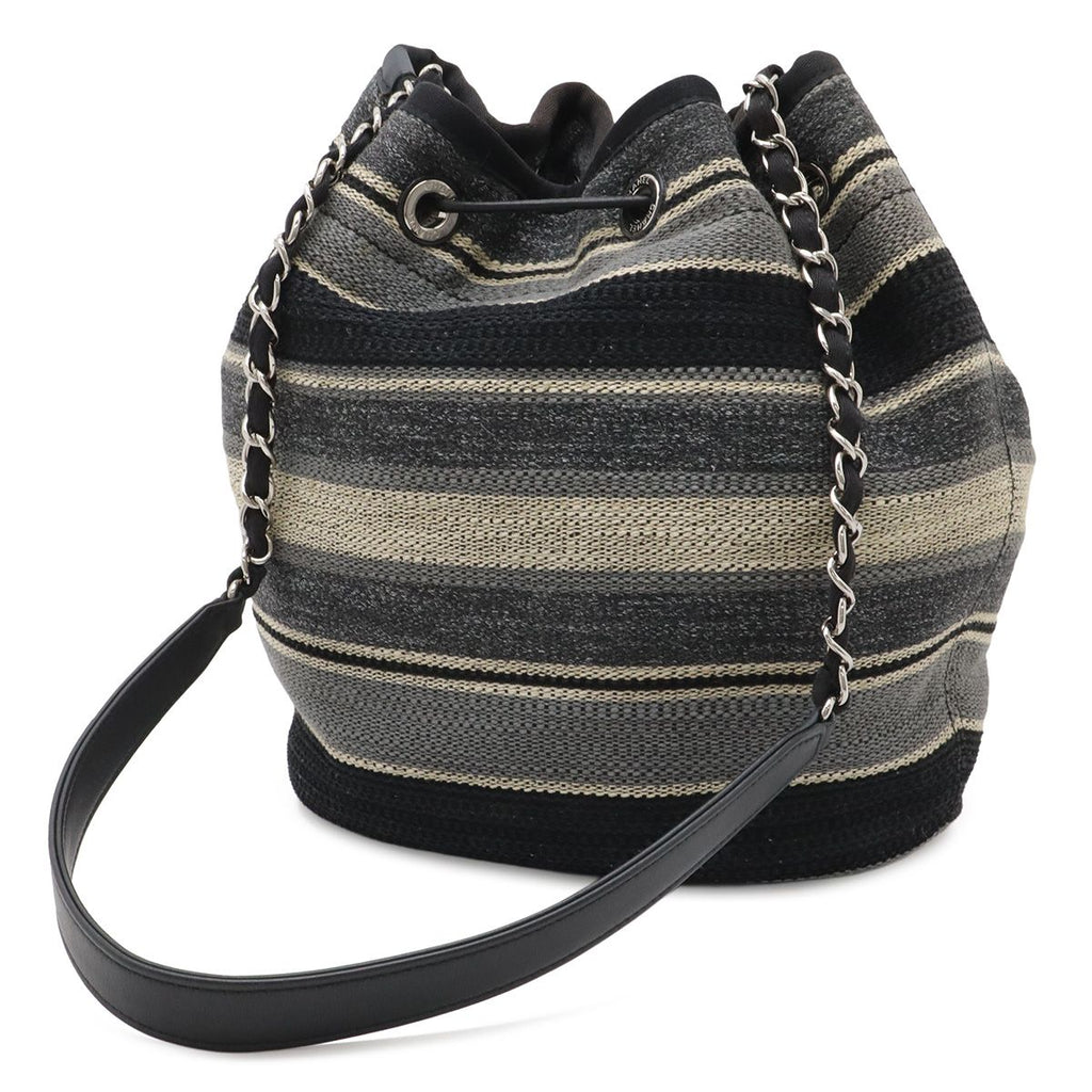 Chanel Deauville Border Drawstring Shoulder Bag Chain Canvas Leather Black — view 2