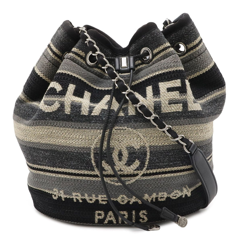 Chanel Deauville Border Drawstring Shoulder Bag Chain Canvas Leather Black