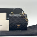 Chanel Shoulder Bag Quilted CC Logo Black Gold Top Handle with Seal Chain