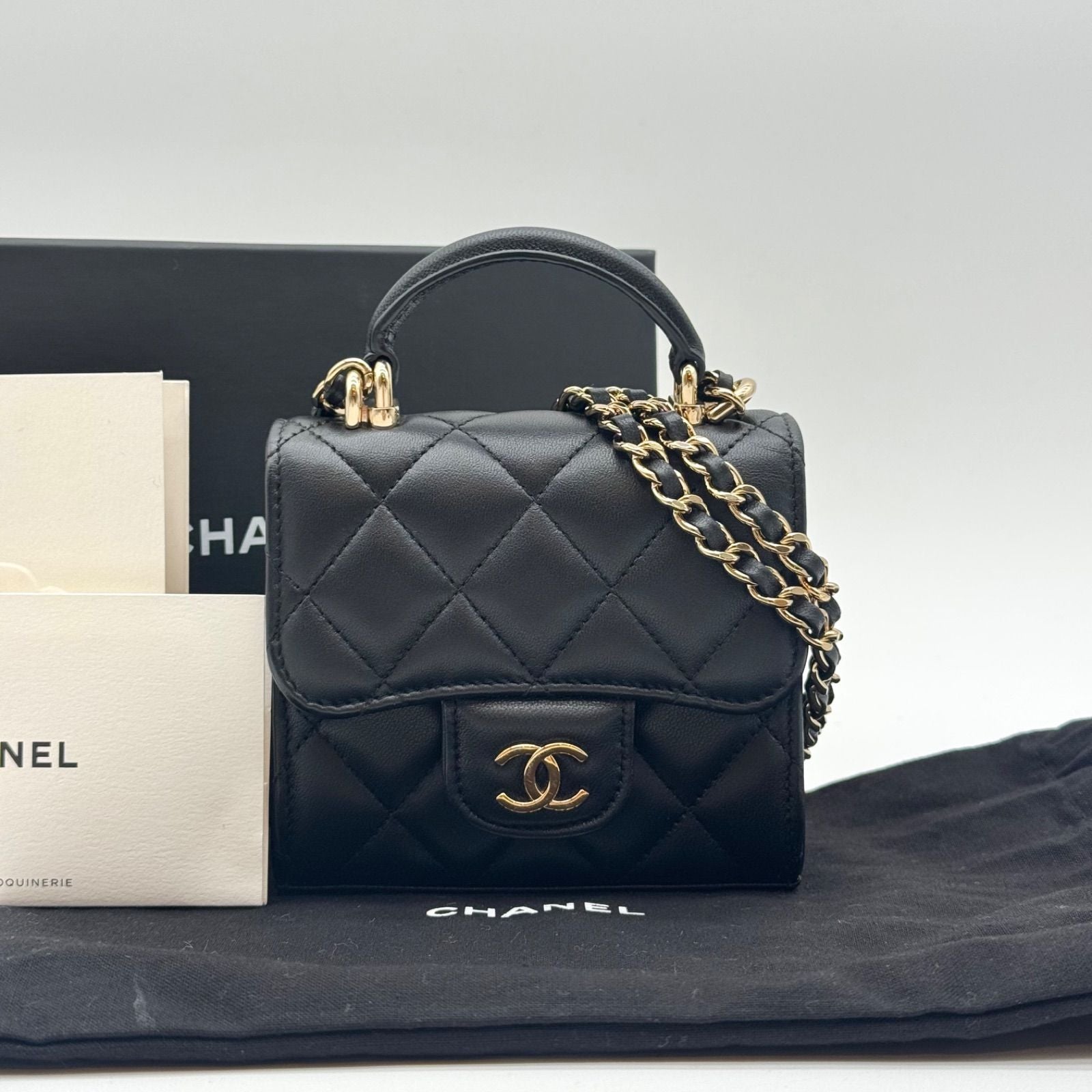 Chanel Shoulder Bag Quilted CC Logo Black Gold Top Handle with Seal Chain