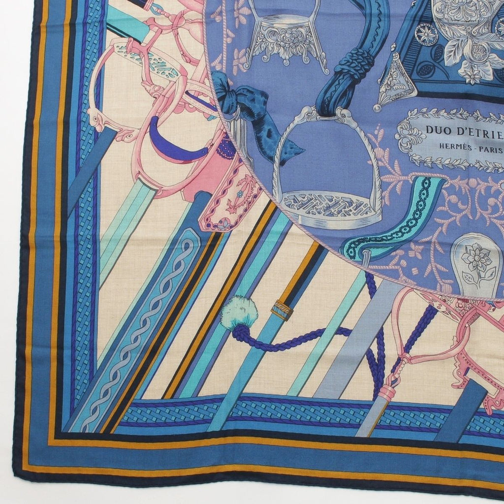 Hermes Carre Geant Cashmere Silk 140 Duo D'etriers Large Scarf Blue Multicolor — view 4