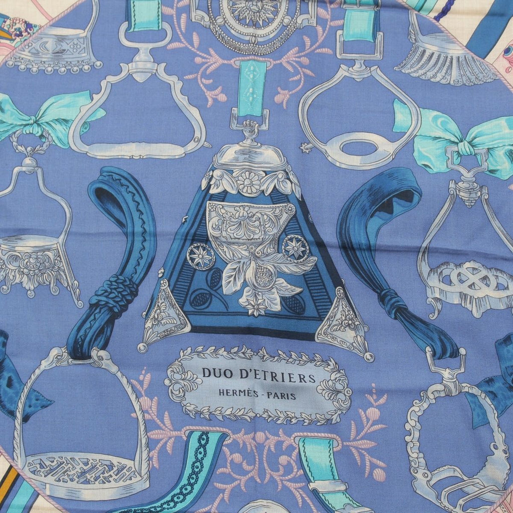 Hermes Carre Geant Cashmere Silk 140 Duo D'etriers Large Scarf Blue Multicolor — view 6