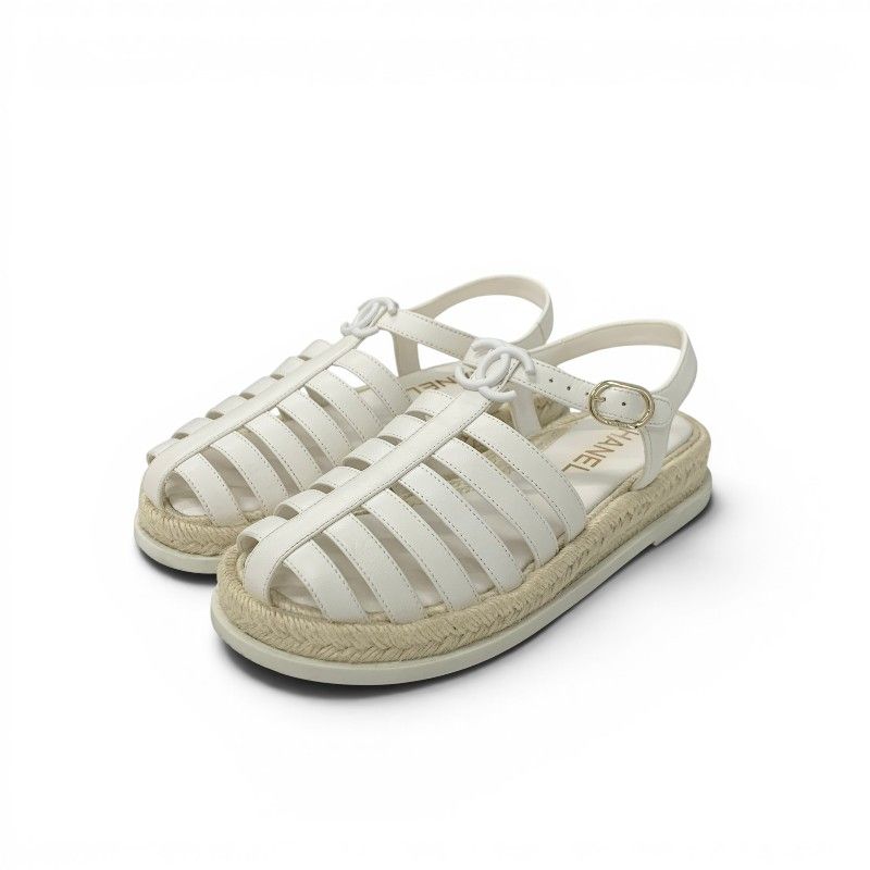 Chanel Sandals Shoes Leather White CC Logo Gladiator Espadrilles