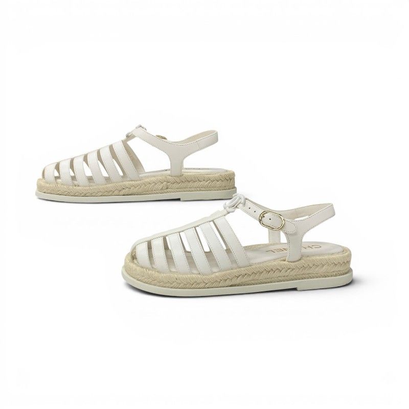 Chanel Sandals Shoes Leather White CC Logo Gladiator Espadrilles — view 3