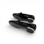 Chanel Loafers Leather Shoes Patent Black Silver CC Logo Pearl Opera Flat — view 6