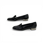 Chanel Loafers Leather Shoes Patent Black Silver CC Logo Pearl Opera Flat — view 3