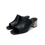 Hermes Sandals Shoes Leather Metal Heels Black Silver Chaine D'ancre Mules