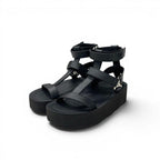 Hermes Sandals Shoes Leather Black Silver Diamant Buckle Velcro Ankle Strap
