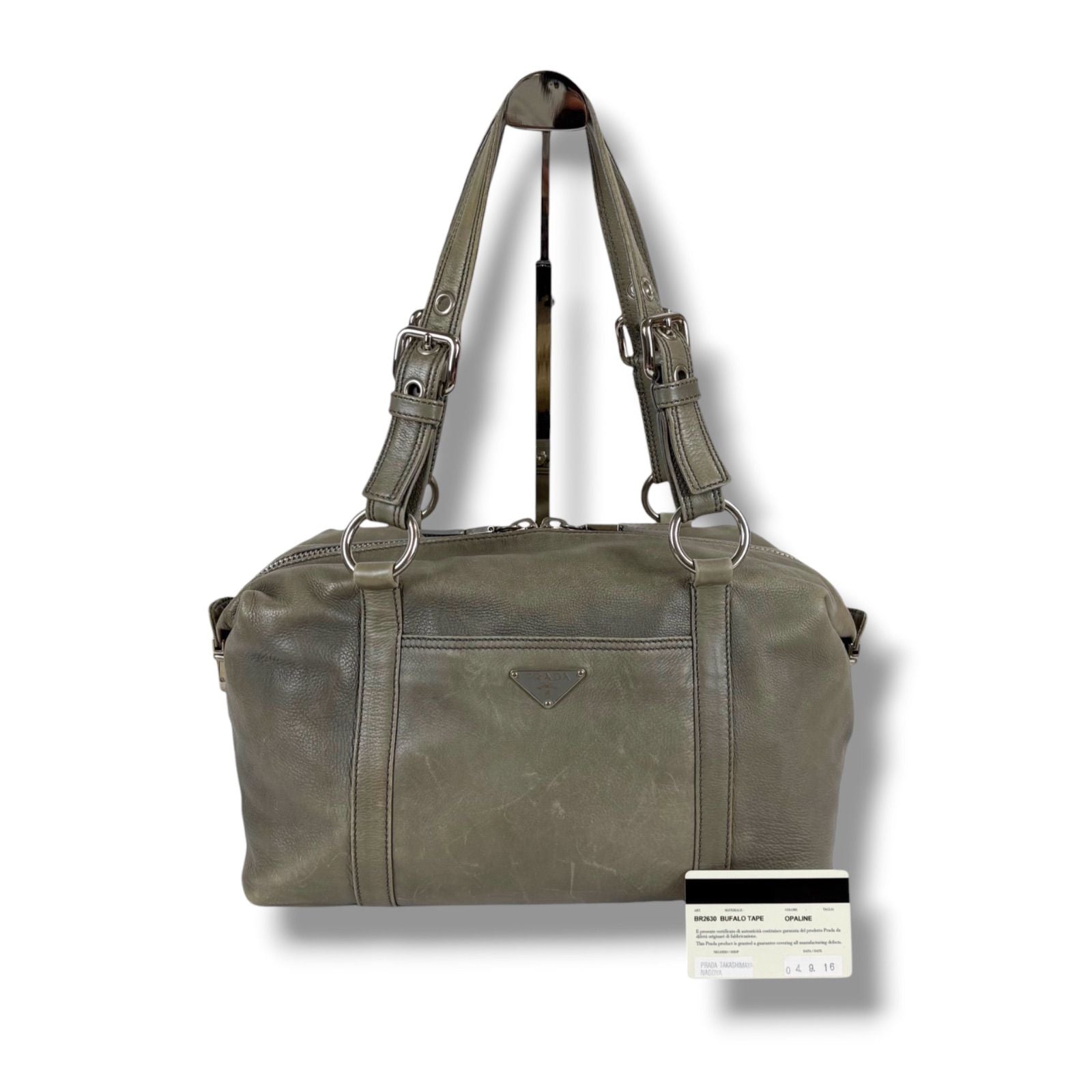 Prada Triangle Logo Shoulder Bag Mini Buffalo Leather Gray Washed