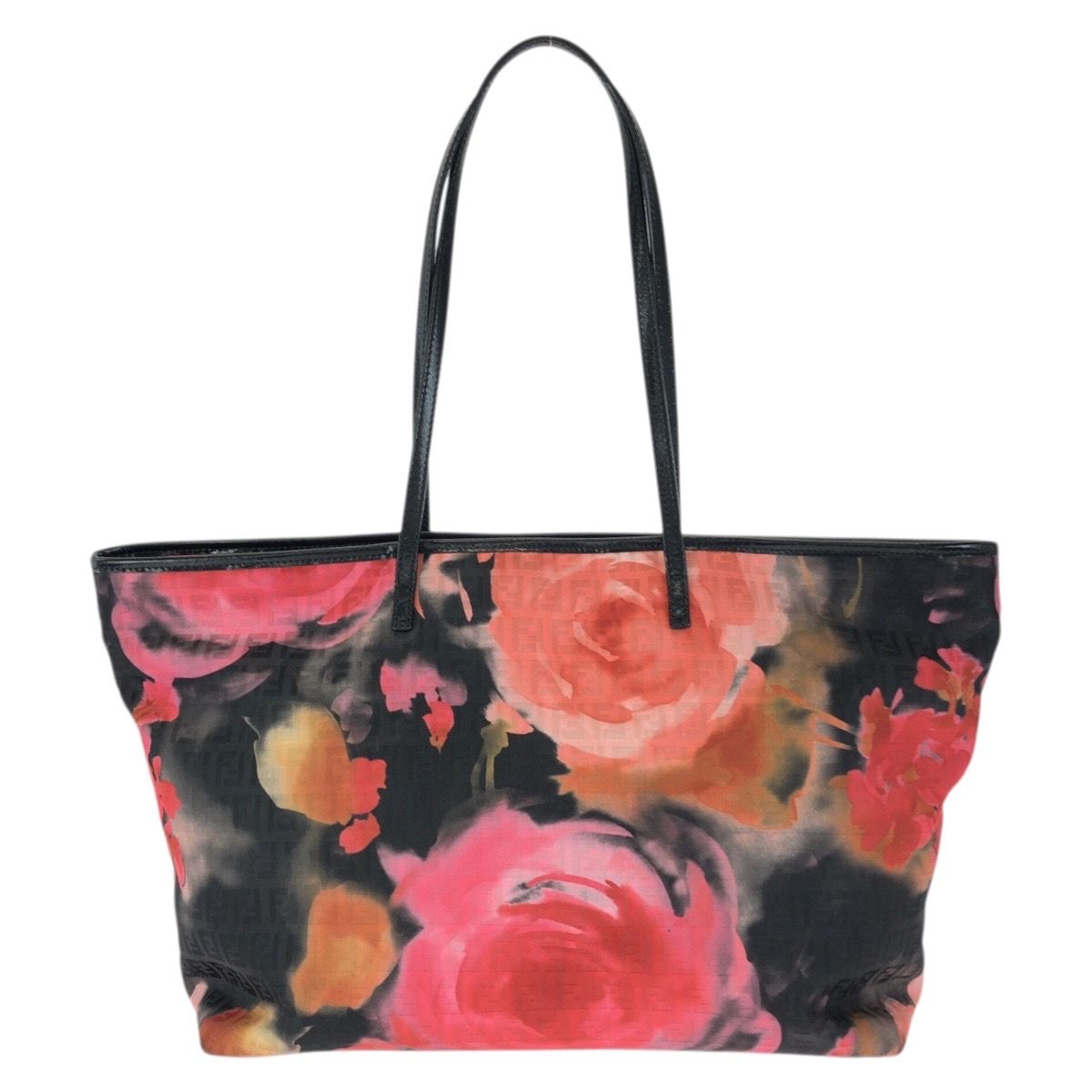 Fendi Zucchino Floral Black Pink Orange Nylon Leather Tote Shoulder Bag