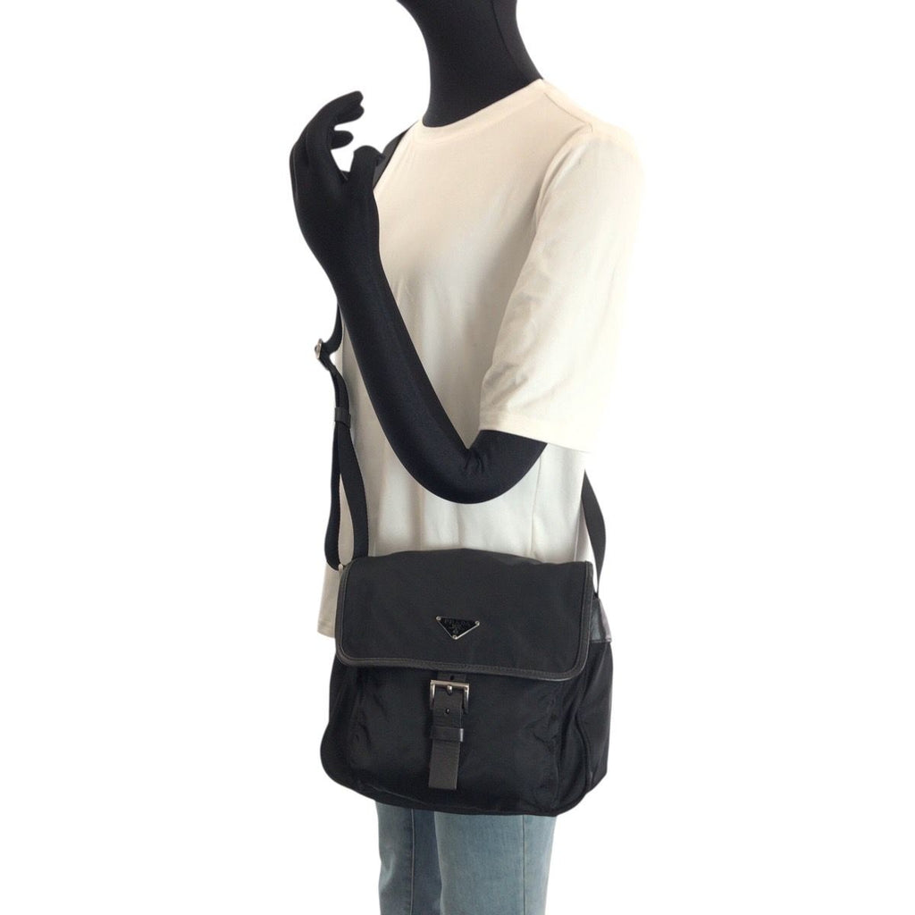 Prada Tessuto Black Nylon Leather Shoulder Bag — view 5