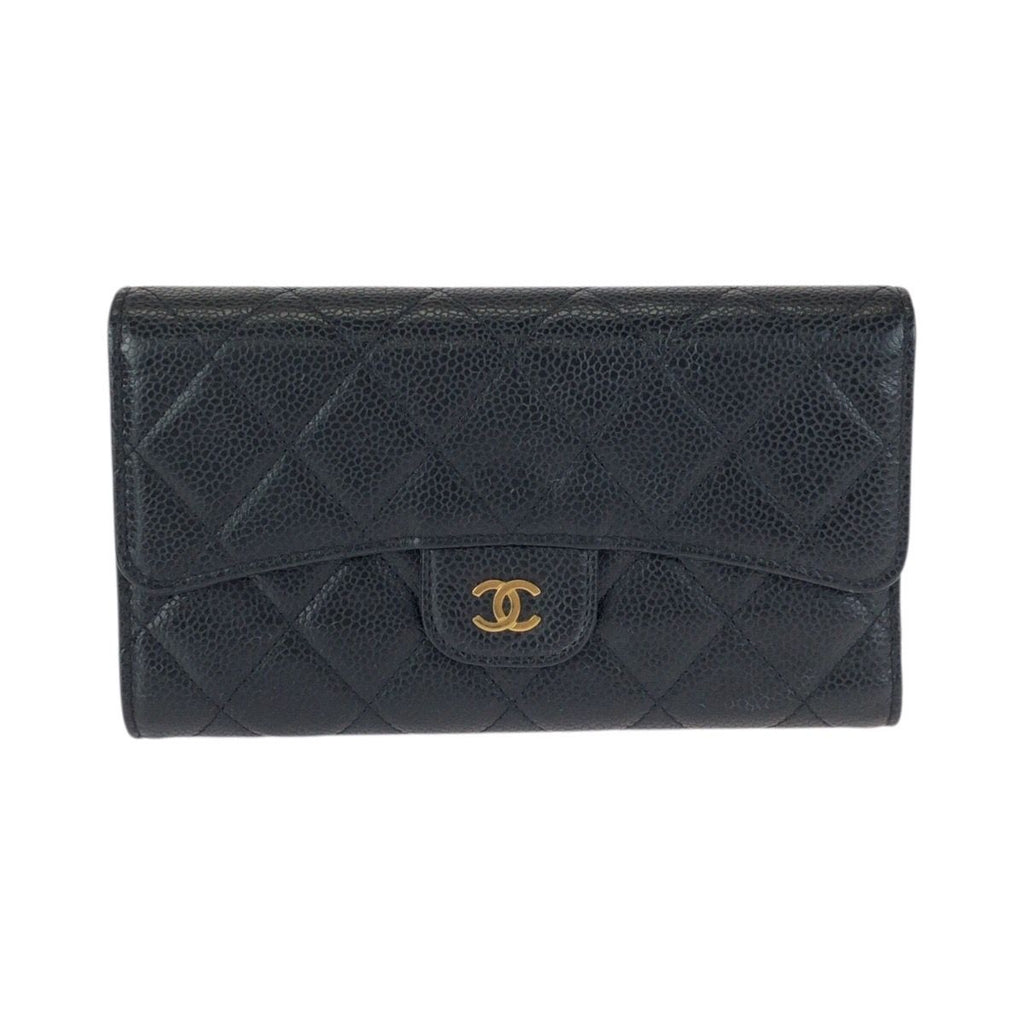 Chanel Quilted CC Logo Black Gold Caviar Leather Wallet