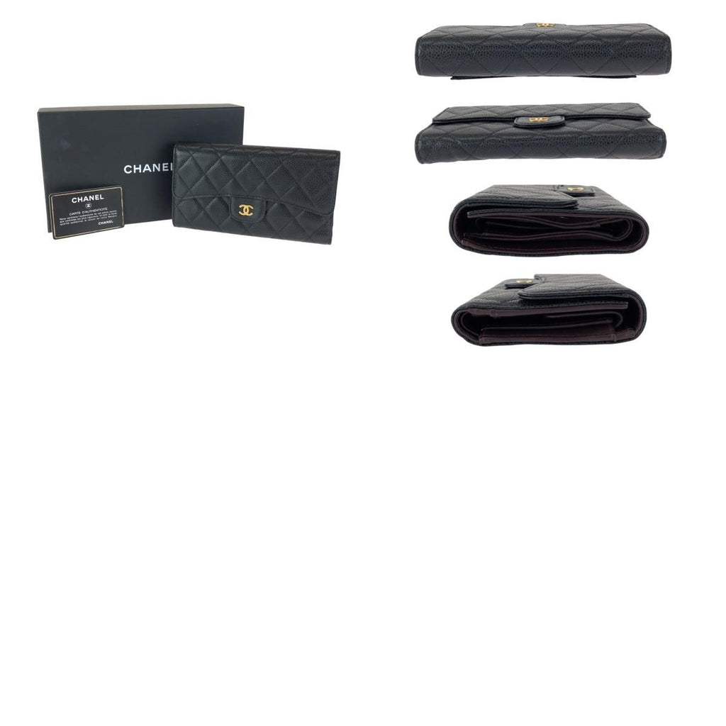 Chanel Quilted CC Logo Black Gold Caviar Leather Wallet — view 9