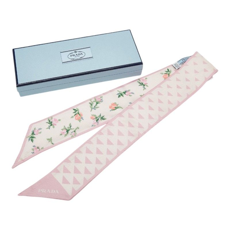Prada Twilly Flower Motif Scarf Pink Multicolor Silk — view 8
