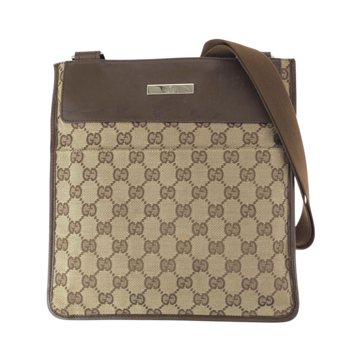 Gucci Beige Brown Silver GG Canvas Leather Shoulder Bag Pochette