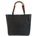 Chanel Vintage CC Logo Marble Chain Black Leather Tote Shoulder Bag