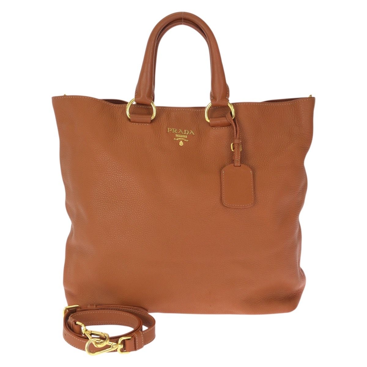 Prada Vitello Dyno 2-Way Brown Camel Gold Leather Tote Shoulder Bag