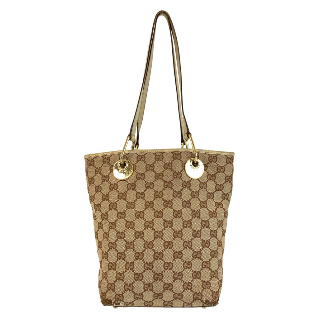 Gucci Beige Ivory Gold GG Canvas Leather Tote Shoulder Bag — view 2