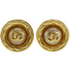 Chanel CC Logo Vintage Gold Plated Faux Pearl Earrings