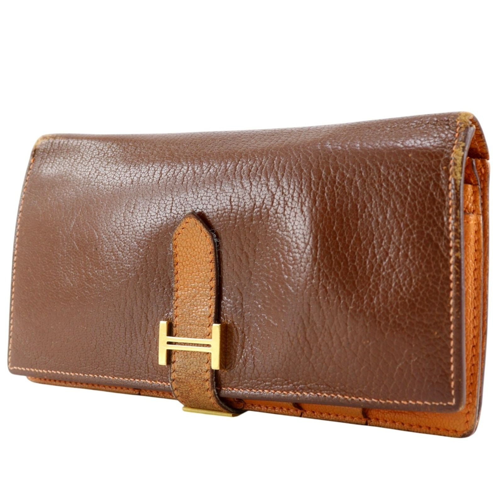Hermes Bearn Souffle Bicolor Chevre Brown Gold M Wallet — view 2