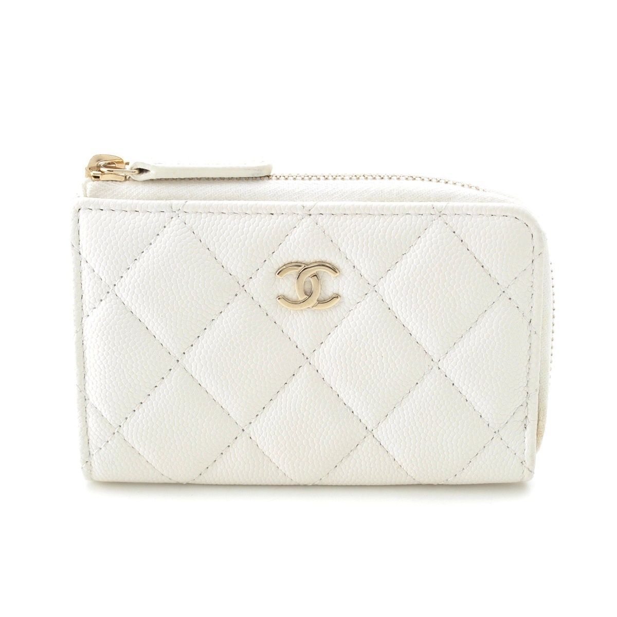 Chanel Caviar Leather CC Logo Champagne Gold Compact Wallet Coin Case White