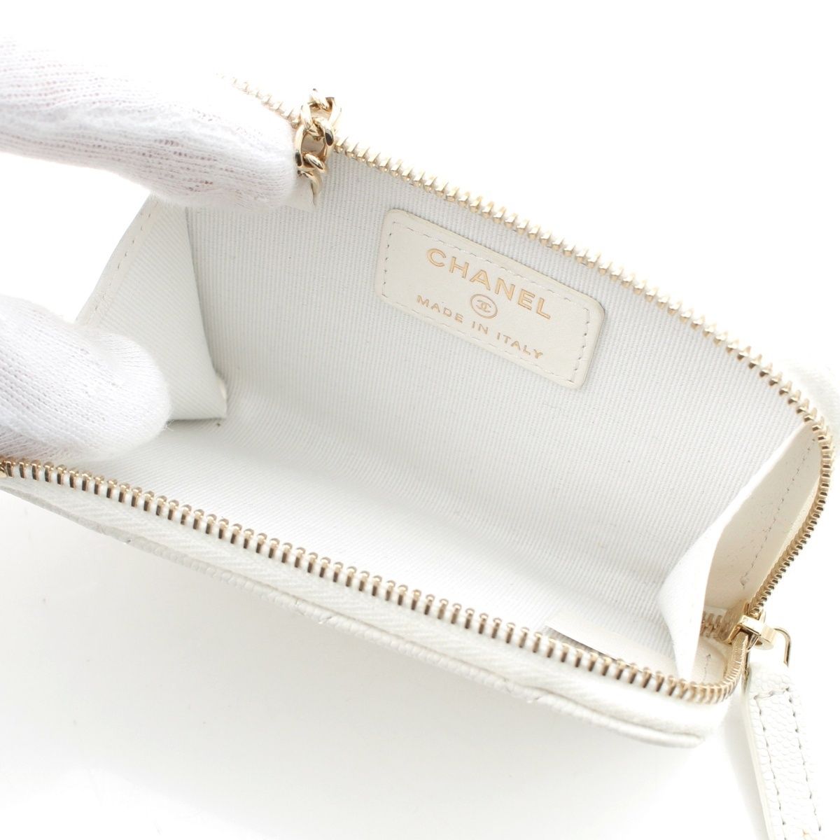 Chanel Caviar Leather CC Logo Champagne Gold Compact Wallet Coin Case White — view 4