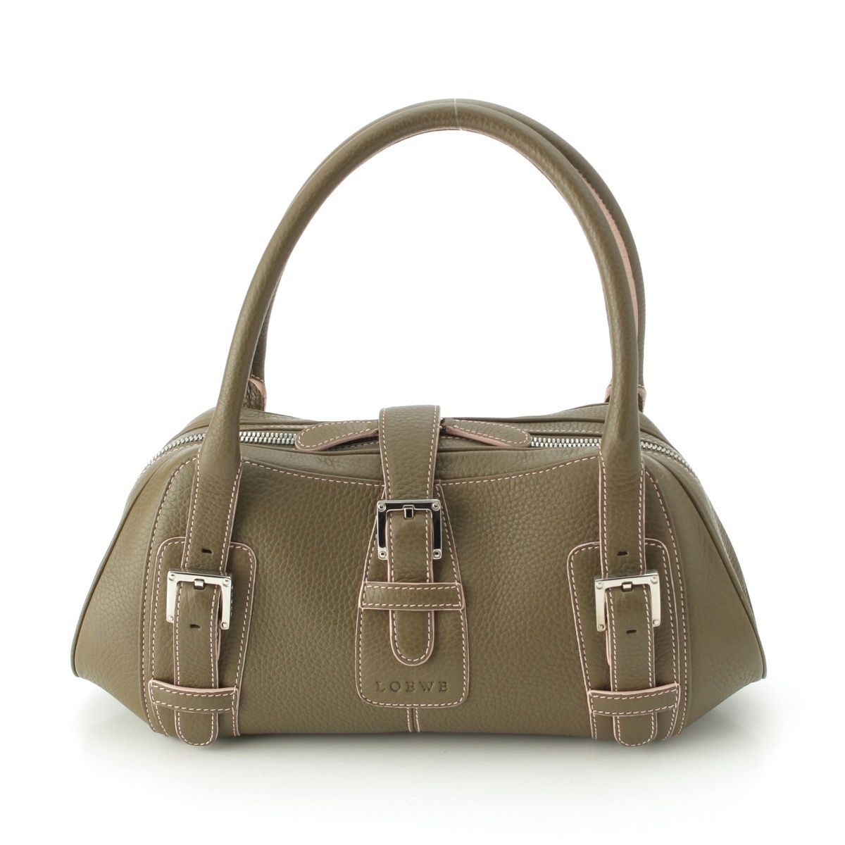 Loewe Senda Leather Logo Belt Handbag Khaki Pink