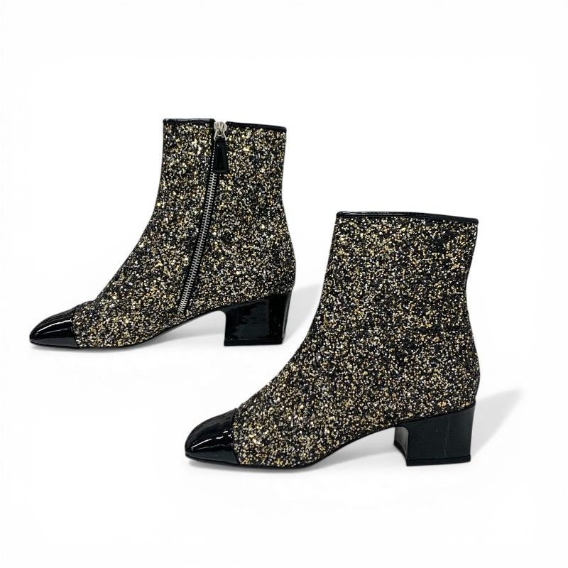 Chanel Boots Short Shoes Glitter Patent Black Gold Silver CC Logo — view 3