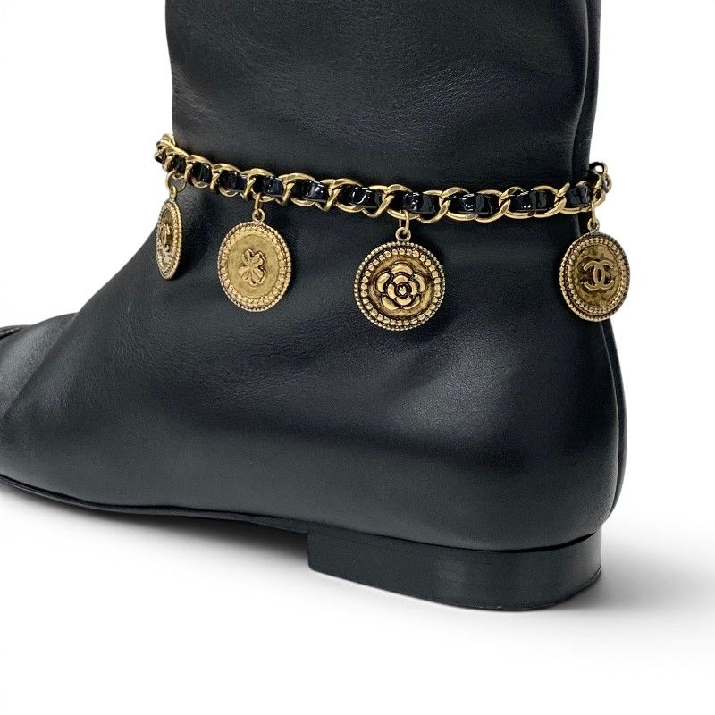Chanel Boots Long Shoes Leather Black Gold CC Logo Chain Coin Charm — view 8