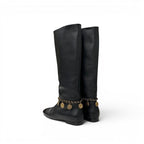Chanel Boots Long Shoes Leather Black Gold CC Logo Chain Coin Charm — view 4