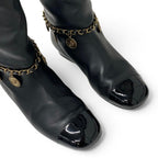 Chanel Boots Long Shoes Leather Black Gold CC Logo Chain Coin Charm — view 9