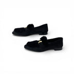 Hermes Paris Loafers Shoes Suede Black Gold Moccasins Flat — view 3