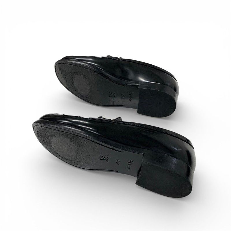 Louis Vuitton Chess Line Loafers Leather Shoes Black Brown Gold LV Circle Logo — view 6