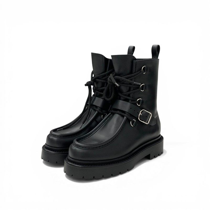 Hermes Land Boots Short Shoes Leather Black Lace Up
