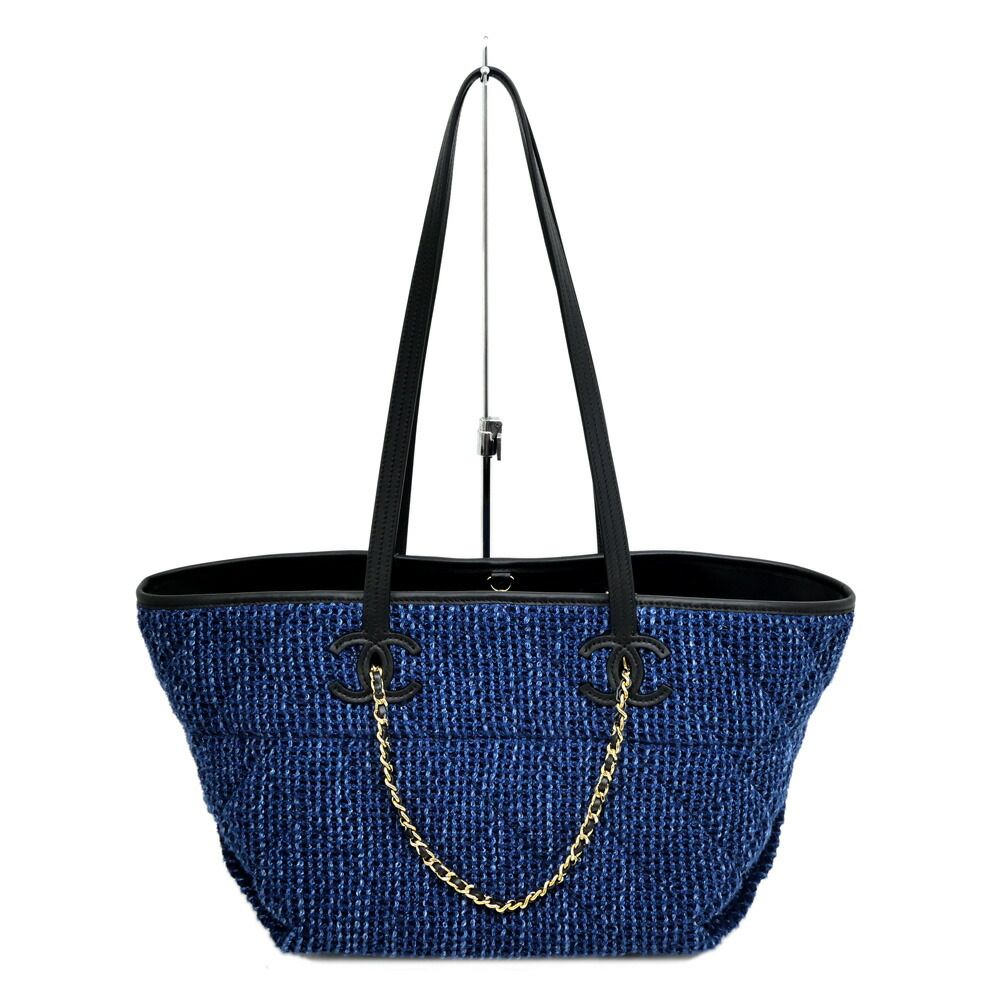 Chanel Small Shopping CC Tote Tweed Blue Black Gold Leather — view 2