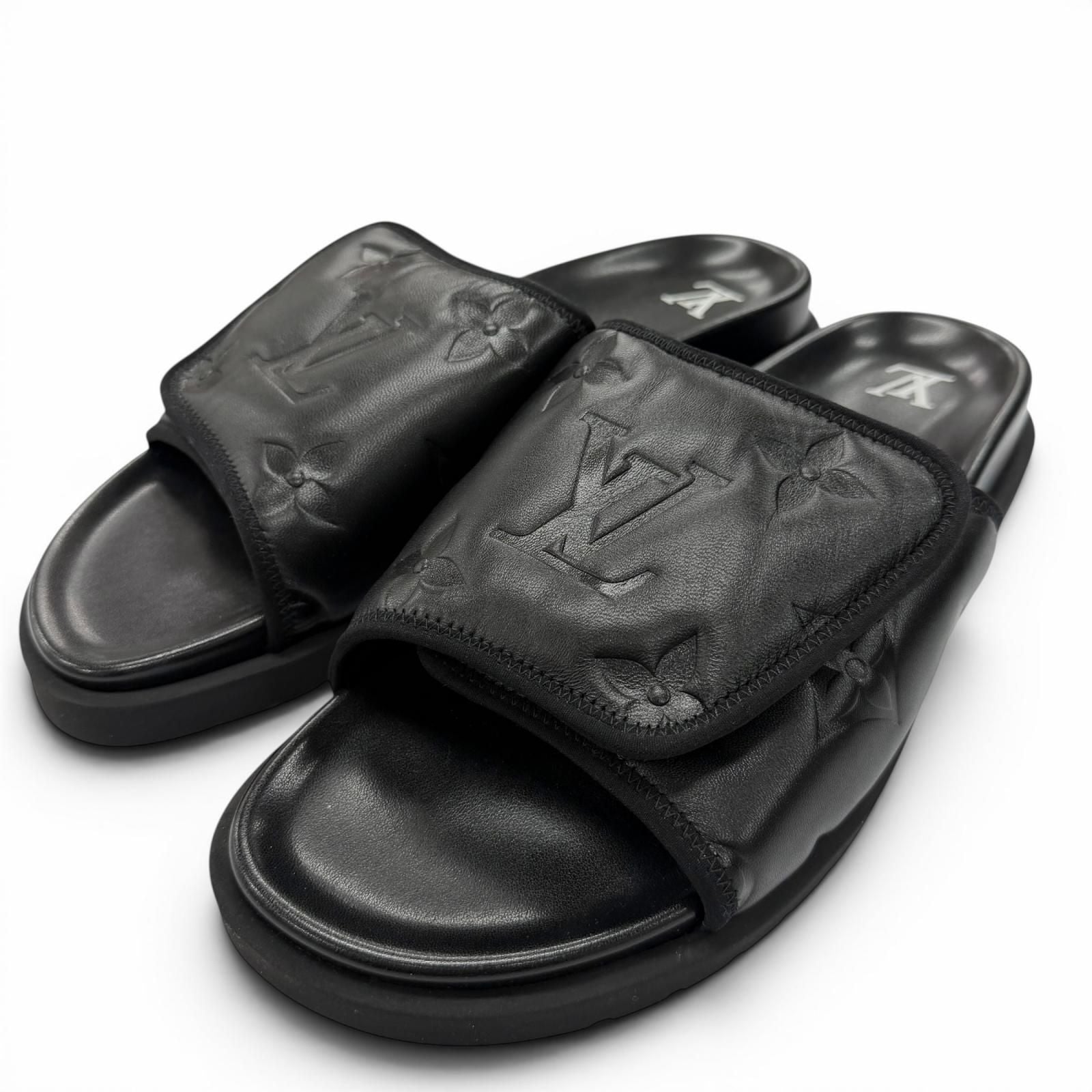 Louis Vuitton Miami Line Mules Leather Monogram Giant Slide Sandals Black 10