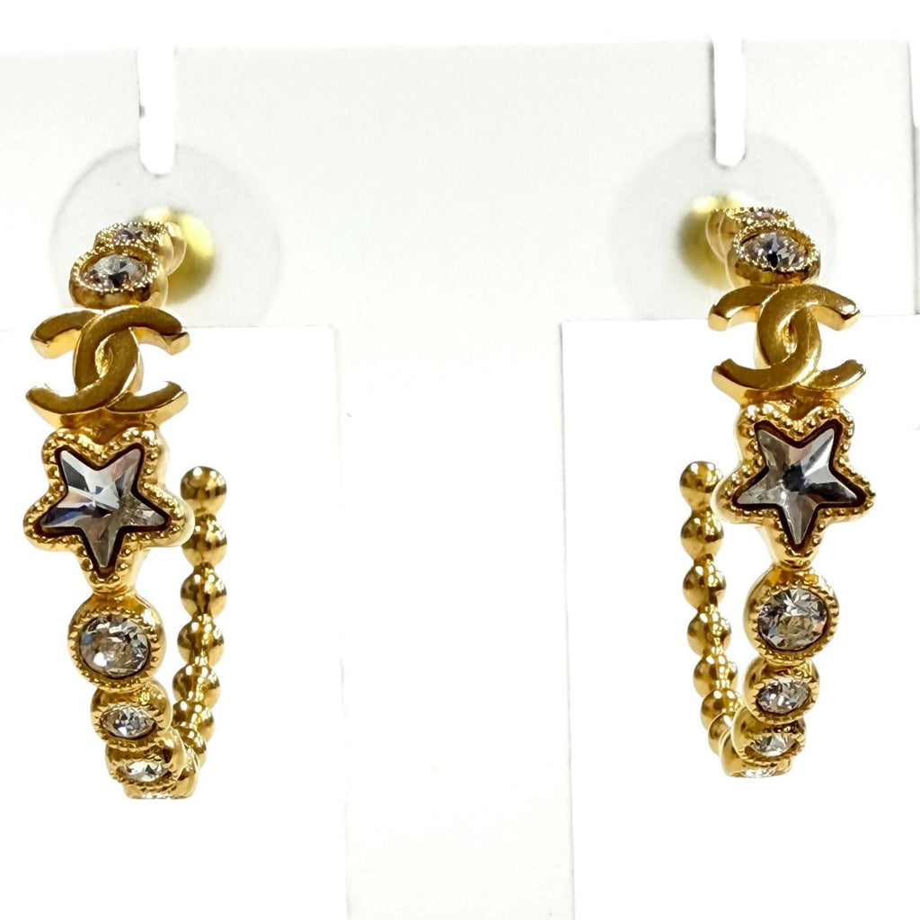 Chanel Crystal CC Logo Star Hoop Earrings Gold