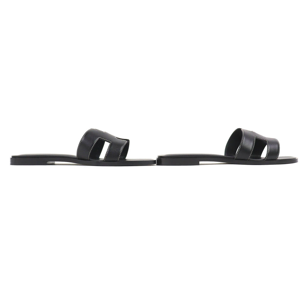 Hermes Oran Box Calf Leather Motif Flat Sandals Mules Black 38.5 Box — view 4