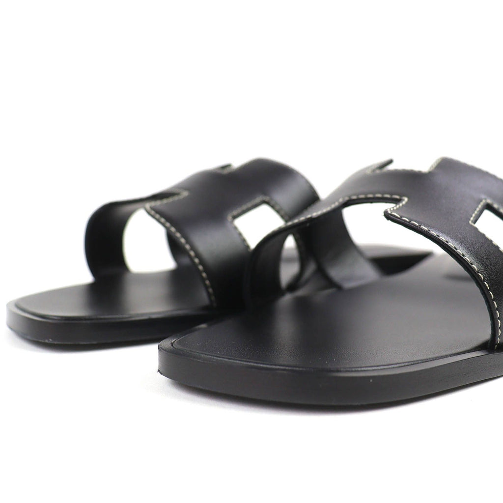 Hermes Oran Box Calf Leather Motif Flat Sandals Mules Black 38.5 Box — view 5