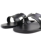 Hermes Oran Box Calf Leather Motif Flat Sandals Mules Black 38.5 Box — view 5