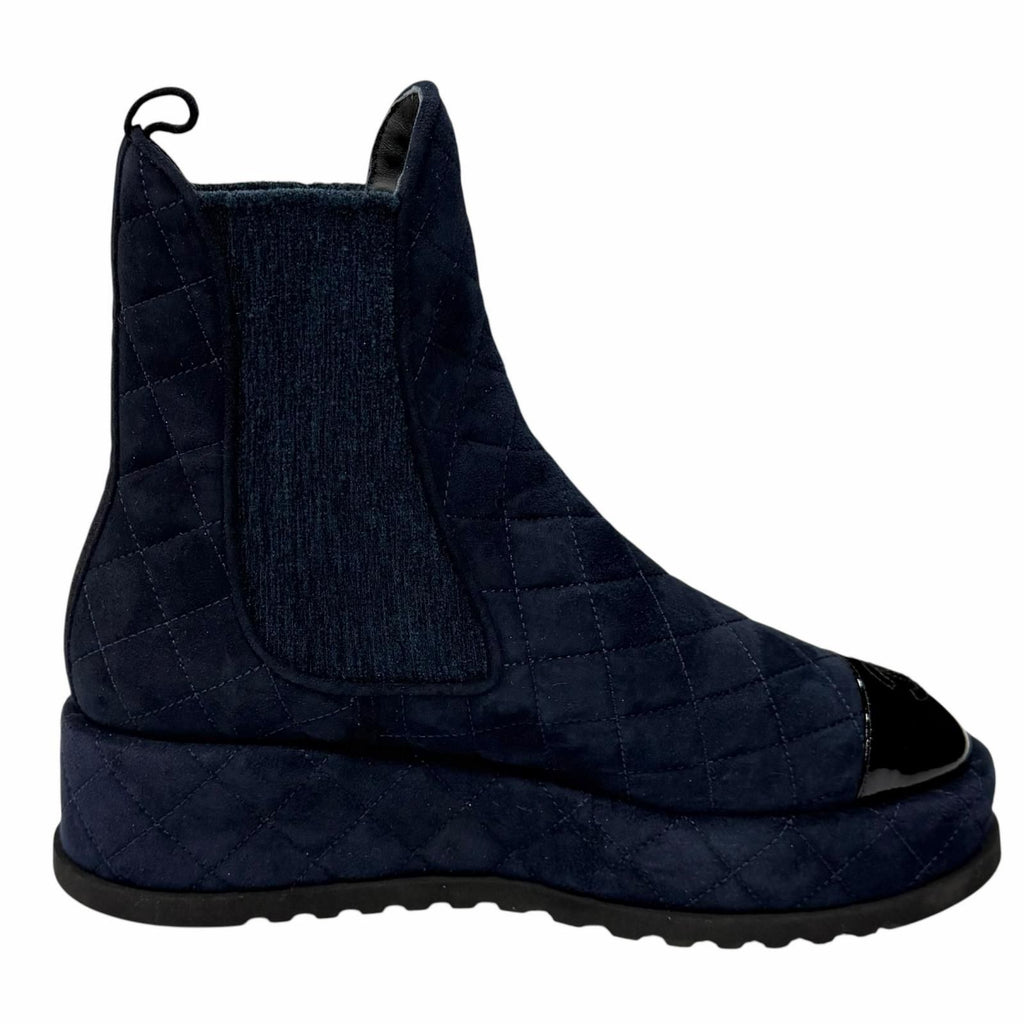 Chanel CC Logo Quilted Side Gore Suede Leather Short Boots Navy — view 6