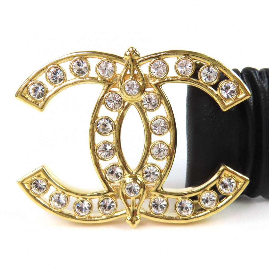 Chanel CC Logo Rhinestone Buckle Leather Rubber Belt Black Gold — view 2
